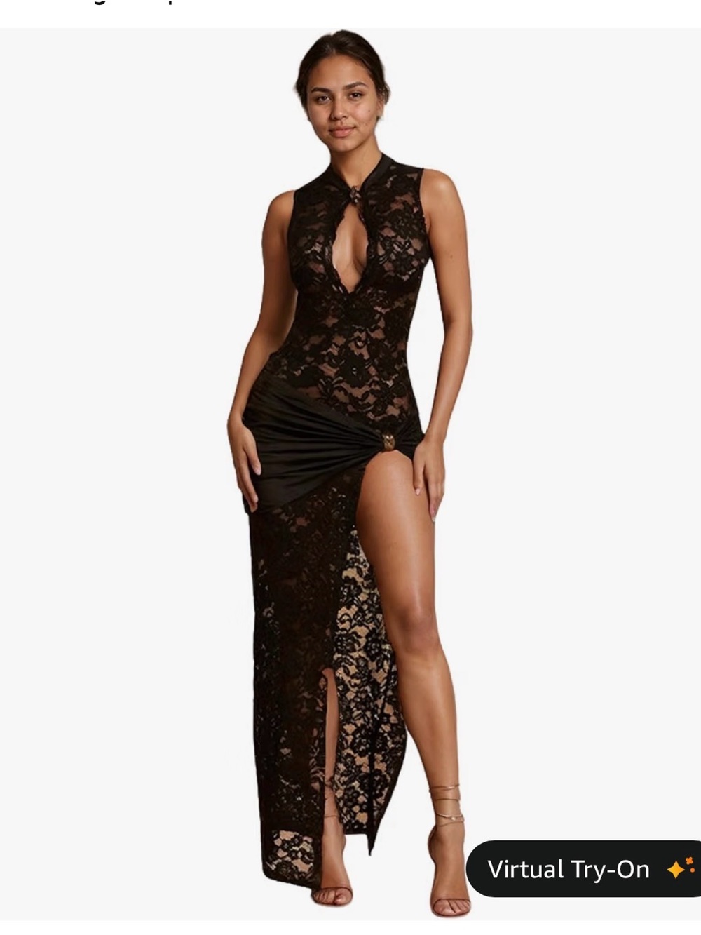 Black Lace High-Slit Evening Dress with Keyhole Neckline